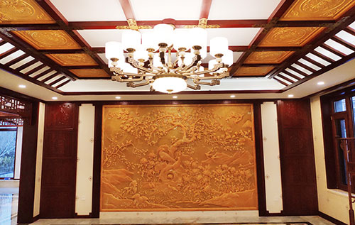 鲤城中式别墅客厅中式木作横梁吊顶装饰展示